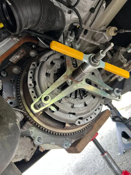 Clutch pressure plate bolted up, alignment tool fitted